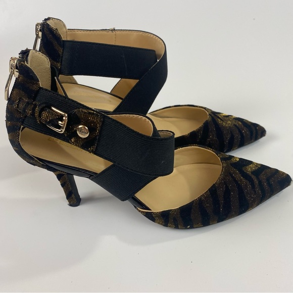 Liz Claiborne High Heels Size 8; Velvet Glitter Brown & Black Crisscross - Picture 2 of 9